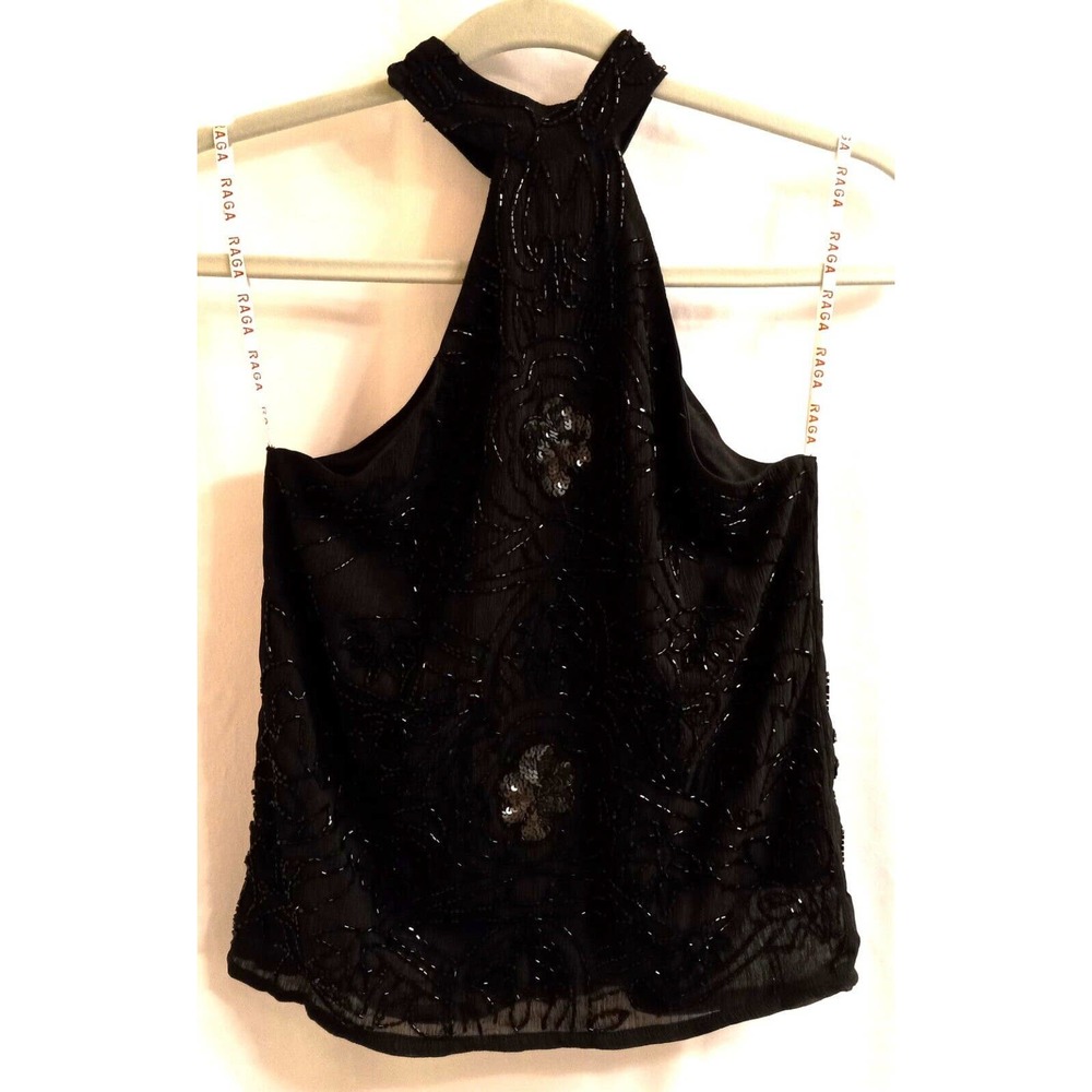 RAGA Into the Night Black Sequin Embellished Halter Top Womens Size XS 90s Y2K